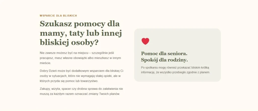 Sekcja Dobry Dzień opisująca wsparcie dla rodziny seniora.