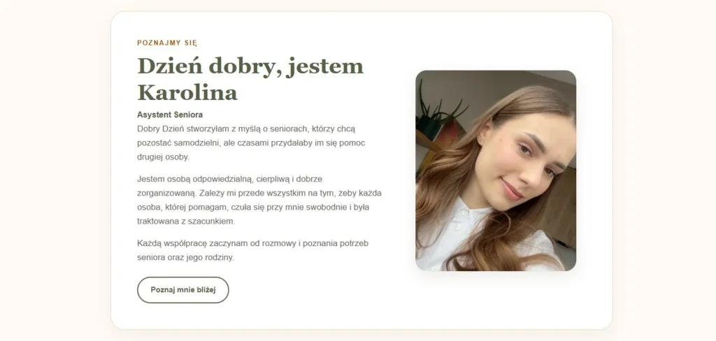 Sekcja przedstawiająca Karolinę, asystentkę seniora.