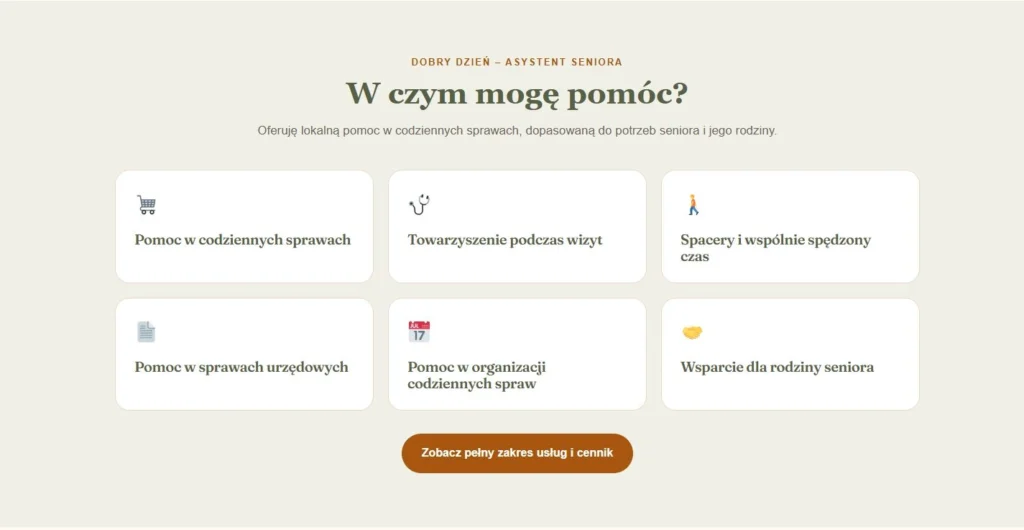 Sekcja Dobry Dzień z sześcioma rodzajami pomocy dla seniorów.